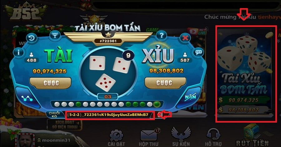 Giao diện bàn cược của Tài Xỉu Bom Tấn